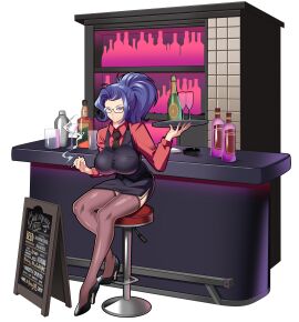 1girls bartender blue_hair bottle breasts chair character_request cigarette female full_body glass glasses heels large_breasts necktie original pantyhose ponytail sitting skirt solo source_request stevechopz tray