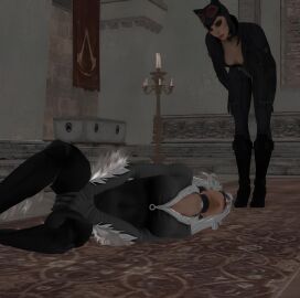 2girls 3d alstair2 batman:_arkham_city batman_(series) black_cat_(marvel) black_cat_(marvel_heroes) catfight catwoman catwoman_(arkham) catwoman_(arkham_city) crossover crotch cuntbusting dc dc_comics felicia_hardy female female_only human human_only lowblow marvel marvel_comics marvel_heroes no_bra selina_kyle spider-man_(series) unzipped unzipped_bodysuit