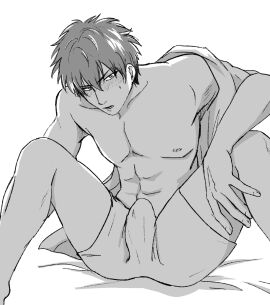 blush bulge erection erection_under_clothes gintama hijikata_toshiro looking_at_viewer male male_only monochrome sitting spread_legs sweatdrop tenting topless topless_male