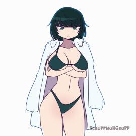 1:1 1girls animated arms_crossed artist_name big_breasts bikini breasts cleavage clothing coat coat_on_shoulders dark_hair eyebrows_visible_through_hair female female_only fubuki_(one-punch_man) fur_coat gif green_eyes hi_res hourglass_figure human light-skinned_female light_skin looking_at_viewer one-punch_man scruffmuhgruff short_hair slim solo swaying swaying_hips underboob watermark white_background