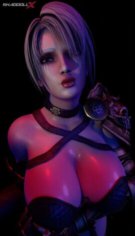 3d bandai_namco big_breasts big_cleavage breasts cleavage clothed clothing curvaceous curvy curvy_figure female female_focus female_only gloves holding_breast huge_breasts isabella_valentine light-skinned_female light_skin mature mature_female oiled oiled_skin shaddoll_x shiny_skin solo solo_female soul_calibur thick_legs thick_thighs white_hair white_skin