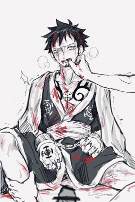 3boys black_hair blood_in_hair blood_on_clothes blood_on_face blood_on_hands blush bruise censored chest_tattoo collarbone commentary_request cuffs demorzel earrings erection facial_hair finger_in_another's_mouth finger_tattoo frown goatee hand_tattoo highres imminent_penetration injury japanese_clothes jewelry kimono leg_grab looking_at_viewer male male_focus male_only multiple_boys multiple_males official_alternate_costume one_piece open_mouth penis short_hair sitting skinny tattoo trafalgar_law trembling yaoi