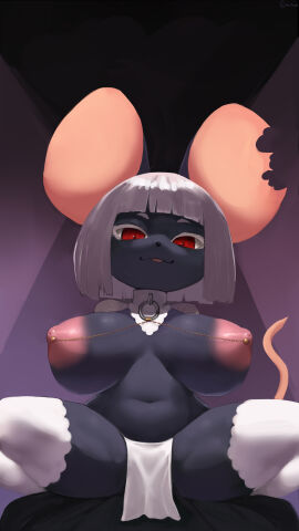 2025 absurd_res anthro areola big_areola big_breasts big_nipples black_body black_fur breasts cranihum female fur hi_res huge_areola huge_breasts huge_nipples looking_at_viewer mammal mostly_nude mouse murid murine nipple_piercing nipples piercing red_eyes rodent smile smiling_at_viewer solo white_hair