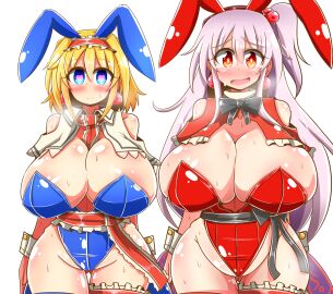 2girls alice_margatroid blonde_hair blue_bunnysuit blue_eyes breasts breasts_bigger_than_head bunny_ears bunny_girl bunnysuit earrings female hairband heart-shaped_pupils huge_breasts hypnosis hypnotic_accessory mind_control mother_and_daughter open_mouth red_bunnysuit red_eyes red_hairband rindou_(p41neko) scared shinki shinki_(touhou) silver_hair tears touhou touhou_(pc-98) worried