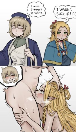 1futa 1girls 2koma ass autism autistic autistic_ass autistic_female autistic_girl big_ass big_breasts blonde_hair blonde_pubes breasts clenched_teeth clothed clothing deepthroat delicious_in_dungeon dialogue dungeon_meshi duo elf elf_ears erection face_fucking falin_touden fellatio female flushed_face fully_clothed futa_on_female futanari golden_eyes green_eyes gripping_thighs hand_on_another's_head human humping i_wish_i_had_her_body_(meme) intersex light-skinned_female light-skinned_futa light_skin long_hair marcille_donato oral penis pubic_tuft sex short_hair simple_background standing suthep text thigh_grab thought_bubble throat_bulge thrusting_into_mouth white_background