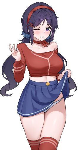 1girls bare_thighs breasts choker crazy_mita_(miside) envydebiru021 female flashing frilled_panties frills hairband lifted_by_self lifted_skirt light-skinned_female light_skin looking_at_viewer midriff miside mita_(miside) one_eye_closed panties satin satin_panties shiny_skin shirt simple_background skirt skirt_lift solo thighhighs thighs twintails white_background white_panties wink winking_at_viewer