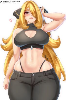 1girls anisdrawn blonde_hair boob_window breast_window breasts cynthia_(pokemon) female female_only hair_over_one_eye highleg nintendo pokemon solo thong_straps