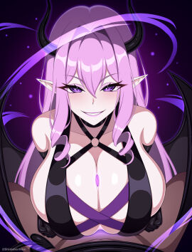 1boy 1girls breasts demon demon_girl demon_horns demon_tail demon_wings draining draining_energy energy_drain female femdom large_breasts latex_gloves lipstick looking_at_viewer male original paizuri paizuri_under_clothes pink_hair pov purple_eyes shimmerhex succubus