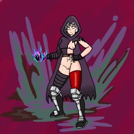 1girls 2024 2d 2d_(artwork) armor armored_boots bandages breasts cloak energy esper female female_focus female_only fire glowing_eyes jadeondeeznu m_bison no_sex pink_background purple_eyes purple_fire pussy rule_63 street_fighter street_fighter_6 thighhighs torn_clothes white_hair