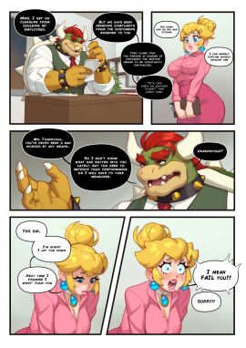 1boy 1girls anthro ass big_ass big_breasts big_lips blonde_hair blue_eyes blush blushing bowser breasts busty cleavage clothed clothed_female clothing comic comic_page curvaceous curvy desk dialogue duo earrings embarrassed english_text female freudian_slip front_view fully_clothed hair hair_bun hi_res himbo human large_ass large_breasts legs_together light-skinned_female light_skin lips lipstick long_hair male mario_(series) necklace nintendo office office_clothing office_lady open_mouth pink_clothing pink_lipstick plump_lips princess_peach rizdraws scalie skirt speech_bubble standing talking text thick_lips thick_thighs thighs thought_bubble voluptuous wide_hips