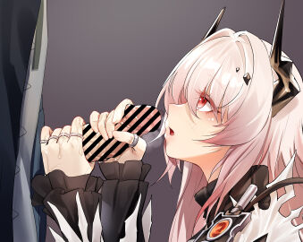 1boy absurdres arknights bar_censor blush censored doctor_(arknights) female frilled_sleeves frills from_side grey_background handjob highres horns jewelry long_hair long_sleeves looking_up male male_doctor_(arknights) multiple_rings open_mouth penis penis_out profile ray_(pixiv9514208) red_eyes ring simple_background solo_focus steaming_body theresa_(arknights) two-handed_handjob upper_body white_hair