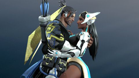 1boy 1girls 2016 3d 3d_(artwork) 3d_model asian blizzard_entertainment clothed darknessringo female female/male hanzo hanzo_shimada in_love indian japanese long_hair loving_couple loving_embrace loving_gaze loving_look male male/female overwatch overwatch_2 romantic romantic_ambiance romantic_couple satya_vaswani straight symmetra tan-skinned_female tan_skin