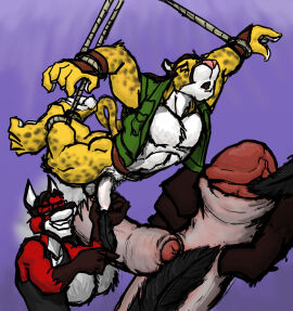 2018 ankles_tied anthro balls barefoot beard belt black_clothing black_hair black_nose black_shirt black_tank_top black_topwear bondage bound brown_body brown_fur brown_hair canid canine cheetah close-up closed_eyes clothed clothing cutaway duo eyebrows eyewear facial_hair feet felid feline foreskin fox fur fur_markings genitals glasses gloves_(marking) green_clothing green_topwear green_vest hair holding_feather holding_object kc_(kctk) kctk kyyanno loose_feather male male/male mammal markings multicolored_body multicolored_fur open_clothing open_mouth open_topwear open_vest penis penis_grab pink_nose red_body red_fur restrained restraints rope rope_bondage shirt spots spotted_body spotted_fur spotted_markings spotted_tail suspension suspension_bondage tail tail_markings tank_top teeth tickle_fetish tickle_torture tickling tickling_genitalia tickling_penis topwear uncircumcised vest wearing_glasses white_body white_fur white_inner_ear wrists_tied yellow_body yellow_fur