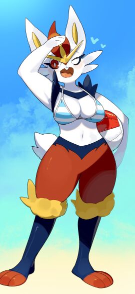 2025 3_fingers 3_toes 6:13 absurd_res anthro beach_ball bikini bikini_top bikini_top_only blush bottomless bottomless_anthro bottomless_female breasts cinderace clothed clothed_anthro clothed_female clothing digital_media_(artwork) feet female fingers front_view fur game_freak generation_8_pokemon hi_res kame_3 looking_at_viewer navel nintendo one_eye_closed open_mouth open_smile partially_clothed partially_clothed_anthro partially_clothed_female pokemon pokemon_(species) red_eyes smile smiling smiling_at_viewer solo standing swimwear tail toes tongue two-piece_swimsuit white_body white_fur white_tail