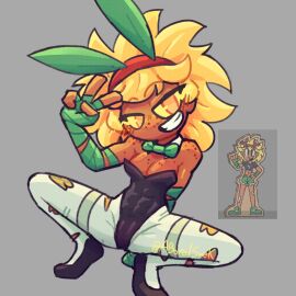 aboredsnek abs arm_wraps blonde_hair breasts bunny_ears bunnysuit female freckles legs_spread looking_at_viewer peace_sign plants_vs_zombies plants_vs_zombies:_heroes ripped_leggings short_hair smiling_at_viewer solar_flare_(peargor) solar_flare_(pvz) sunflower_(pvz) tan_body yellow_eyes