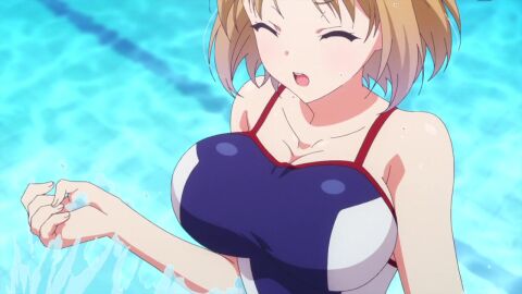 ass blue_one-piece_swimsuit blush breasts brown_hair classroom_of_the_elite collarbone competition_swimsuit covered_navel d female kushida_kikyou large_breasts one-piece_swimsuit pink_eyes short_hair solo swimsuit thighs two-tone_swimsuit wet white_one-piece_swimsuit youkoso_jitsuryoku_shijou_shugi_no_kyoushitsu_e