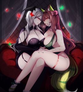2girls animal_ears black_nails blush breasts brown_hair butterflies cleavage clothed clothing duo female fox_ears fox_girl fox_tail grey_hair head_wings huge_breasts indie_virtual_youtuber light-skinned_female light_skin likesac monster_girl necklace skarlet_(dangerskarlet) vampire vampire_girl virtual_youtuber waifi_(vtwaifu) wings yuri