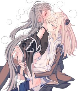 2girls blonde_hair blush breasts closed_eyes clothed_masturbation clothed_sex collared_dress dress duel_monster emptyayya female female/female female_ejaculation female_masturbation female_only fingering fingering_partner grey_hair head_steam highres lesbian lesbian_sex long_hair long_sleeves masturbation multiple_females multiple_girls pussy pussy_juice simple_background sky_striker_ace_-_raye sky_striker_ace_-_roze spread_legs sweat two-tone_dress white_background yu-gi-oh! yuri