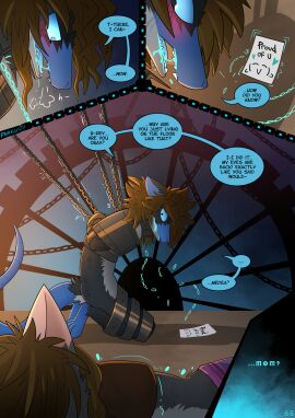 ambiguous_gender anthro blue_body blue_eyes blue_skin blue_snout blue_tail blush blush_lines bondage bound brown_hair chained chained_up chains circe_(pankallisti) countershading daughter_(lore) dialogue english_text female fur glowing glowing_eyes grey_body grey_fur hair hi_res magic magic_user magical_bondage mammal medea_(pankallisti) mother_(lore) mother_and_child_(lore) mother_and_daughter_(lore) murid murine pankallisti parent_(lore) parent_and_child_(lore) parent_and_daughter_(lore) rat rodent solo speech_bubble tail text unconscious unconscious_female