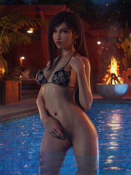 1girls 3d bikini bikini_bottom_removed bikini_top bikini_top_only bottomless bottomless_female breasts clitoral_hood clitoris covered_nipples cowboy_shot detailed_background earrings erect_nipples erect_nipples_under_clothes exposed_pussy eyeliner facing_viewer female female_only final_fantasy final_fantasy_vii final_fantasy_vii_remake greengiant3d hand_on_chest hand_on_crotch light_makeup lipstick long_hair looking_at_viewer medium_breasts night_sky nipples nipples_visible_through_clothing partially_visible_vulva petite petite_female pool pussy slim_waist smile smiling_at_viewer solo square_enix standing_in_water tifa_lockhart wet_body wet_skin wide_hips