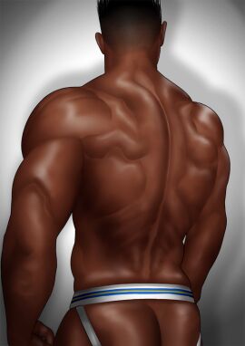 10s 1boy 2017 ass back bara black_hair dark-skinned_male dark_skin jockstrap kensuke_(yhs8) male male_only muscular muscular_back original simple_background smooth_skin smooth_skinned_male solo white_background yaoi