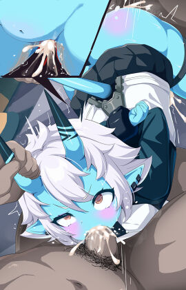 1girls 2boys arms_behind_back ass black_skirt blue_jacket blue_skin blush bottomless bound bound_arms brown_eyes censored clothed_female_nude_male colored_skin cum cum_in_mouth cum_in_pussy cum_overflow dark-skinned_male dark_skin defloration erection fellatio female group_sex highres horn_grab horns hoyoverse inflation irrumatio jacket male male_pubic_hair memory_omega mmf_threesome mosaic_censoring multiple_boys multiple_males navel nude omega_laboratory oni oral penis pubic_hair pussy rolling_eyes sex short_hair skin-covered_horns skirt solo_focus soukaku_(zenless_zone_zero) straight tail tail_grab thigh_strap threesome white_hair zenless_zone_zero