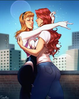2d 2girls blonde_female blonde_hair female gwen_stacy gwen_stacy_(classic) jeans marvel marvel_comics mary_jane_watson red_hair valentinainat1 yuri