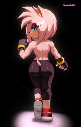 amy_rose female gym leggings looking_back no_bra no_shirt sonic_(series) soranygy