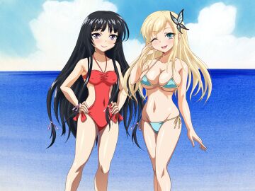2girls bare_shoulders big_breasts bikini black_hair blonde_hair blue_bikini blue_eyes boku_wa_tomodachi_ga_sukunai breasts busty cleavage cloud confident covered_erect_nipples female hands_on_hips happy hi_res large_breasts legs long_hair looking_at_viewer micro_bikini mikazuki_yozora multiple_females multiple_girls navel ocean one-piece_swimsuit open_mouth pose posing purple_eyes red_one-piece_swimsuit red_swimsuit sena_kashiwazaki sensual sky small_breasts smile standing swimsuit thighs very_long_hair voluptuous water wink yabusame