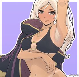 1girls accessory alternate_costume arm_under_breasts arm_up armpit_fetish armpit_hair armpits bare_midriff bedroom_eyes bikini bikini_top black_bikini black_swimsuit bottomless breasts brown_eyes coat female female_armpit_hair female_only fire_emblem fire_emblem_awakening fire_emblem_heroes hairy_armpits long_hair looking_at_viewer medium_breasts midriff navel necklace nintendo o-ring o-ring_bikini official_alternate_costume pose purple_background rengaboo robin_(fire_emblem) robin_(fire_emblem)_(female) seductive smile solo swimsuit tan_body tanline teasing twintails underboob undressing untied untied_bikini upper_body white_hair
