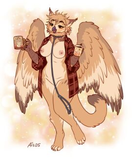 2024 ais05 anthro avian bird breasts clothed clothing collar container convenient_censorship cup eastern_screech_owl feathered_wings feathers felid feline female fluffy gryphon hi_res holding_container holding_cup holding_mug holding_object hybrid leash lidded_eyes mammal mug mythological_avian mythological_creature mythology neck_tuft nipples open_clothing open_shirt open_topwear owl pallas's_cat shirt solo sona_(noxiis) topwear true_owl tuft walking wide_hips wings