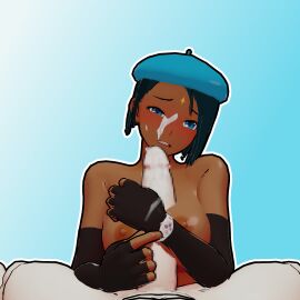 1boy 1boy1girl 1girls areolae armwear blender blue_eyes blue_hair breasts censored censored_genitalia censored_penis ciel_soleil cum_on_face cum_on_penis dark-skinned_female dark_skin huge_cock light-skinned_male mr.perrozuela nipples paizuri penis rwby watch