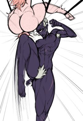 1_eye armpit_hair ass ballbusting balls big_pubes body_hair bondage bound cock_and_ball_torture cock_and_balls_torture cyclops dojyaan duo female freckles genital_torture hair hi_res humanoid knee_kick knee_up long_hair male muscular muscular_female muscular_humanoid nude nude_female nude_male penis pointy_ears pubes purple_body raleigh_(dojyaan) rope simple_background