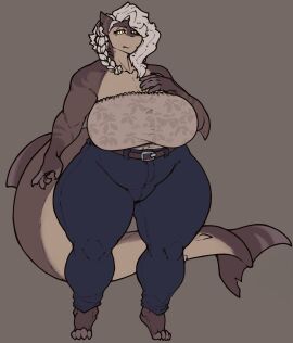 anthro breasts coatl_(artist) colored female hand_on_chest large_breasts long_tail shark shark_tail thecoatl034 thick_thighs unknown_character white_eyes white_hair wide_hips yellow_sclera