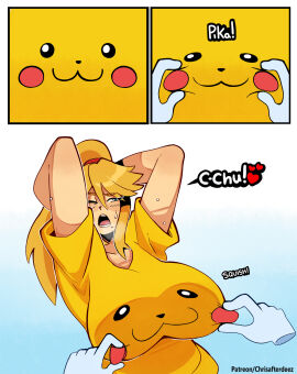 1girls blonde_hair breasts chrisafterdeez comic disembodied_hand english_text female groping_breasts humor large_breasts metroid nintendo nipple_play nipples pikachu pinching_nipples pokemon samus_aran text through_clothes