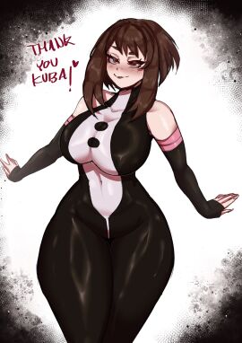 1girls ass big_ass big_breasts bodysuit boku_no_hero_academia breasts brown_hair deadcloud female hero_outfit_(mha) heroine huge_ass jpeg large_ass latex looking_at_viewer looking_back my_hero_academia ochako_uraraka ochako_uraraka_(hero_outfit) peace_sign plain_background pose posing_for_the_viewer short_hair simple_background speech_bubble voluptuous voluptuous_female