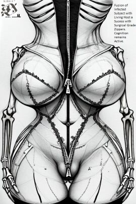 breasts experiment female horror_(theme) large_breasts nude skeletal undead zipper