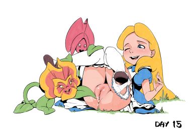 alice_(disney) alice_(wonderland) alice_in_wonderland alice_liddell anus ass blonde_hair blue_eyes clothing disney female flower highres human interspecies long_hair looking_at_pussy nude one_eye_closed pale_skin pussy pussy_juice reddishfox_(artist) simple_background smile spread_legs spread_pussy touching white_background