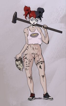 batman_(series) blue_eyes dark_hair dc dc_comics dress female harley_quinn naked naked_female pubic_hair pussy scar solo solo_female tattoo tenebris_art violence