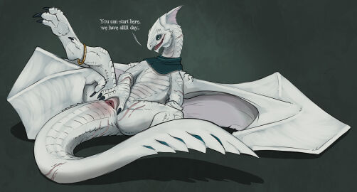 animal_genitalia black_claws bodily_fluids claws cloaca cloaca_juice dialogue dragon dragon_(dnd) dungeons_and_dragons english_text feet female female_feral feral finger_claws flamespitter genital_fluids genitals hasbro hi_res looking_at_viewer lying membrane_(anatomy) membranous_wings mythological_creature mythological_scalie mythology on_back open_mouth presenting presenting_cloaca raised_leg scales scalie scar shaded sharp_teeth simple_background solo spread_cloaca spread_legs spreading tail teal_eyes teeth text thick_tail toe_claws tongue white_body white_dragon_(dnd) white_scales wing_claws wings wizards_of_the_coast