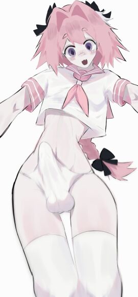 1boy artist_name astolfo_(fate) balls bangs before_sex big_penis black_bow blush_lines bottomless braided_hair bulge fate/grand_order fate_(series) femboy half_naked high_resolution highlights highres light-skinned_male light_skin looking_at_viewer looking_down male male_only panties penis pink_hair pink_uniform purple_eyes ribbons school_uniform skin_fang smile smiley_face solo spiky_hair standing thighhighs white_highlights