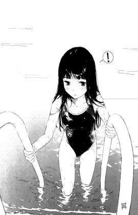 bare_arms bare_legs bare_shoulders bare_thighs black_and_white black_hair blush breasts cleavage female getting_out_of_pool haimura_kiyotaka himegami_aisa long_hair medium_breasts official_art one-piece_swimsuit open_mouth pool pool_ladder school_swimsuit surprised swimsuit thighs to_aru_majutsu_no_index water wet_body white_background