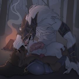 1:1 absurd_res ambient_lighting anal anal_sex animal_genitalia animal_penis anthro armor balls big_penis black_lips bodily_fluids brown_body brown_fur campfire canid canine canine_genitalia canine_penis canis claws clothing cowgirl_position drooling duo elden_ring fangs finger_claws forest from_front_position fromsoftware fur genital_fluids genitals hair headgear helmet hi_res humanoid_genitalia humanoid_penis hunched_over hyena hyenid_(species) kissing knot leaking_precum lips male male/male male_penetrated male_penetrating male_penetrating_male maliketh_(elden_ring) mammal mane mask muscular muscular_anthro muscular_male nature on_bottom on_top outside pauldron penetration penile penile_penetration penis plant power_bottom precum protective_gear romantic romantic_ambiance saliva saliva_string sergevna sex size_difference small_dom_big_sub teeth tree white_body white_fur white_hair wolf wool_clothing