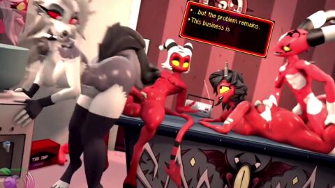 blitzo_(helluva_boss) casual_nudity casual_sex earthbound furry hellhound helluva_boss horns imp loona_(aeridiccore) loona_(helluva_boss) moxxie_(helluva_boss) moxxie_(valorlynz) sarah_dellen sarahdellen tagme verosika_mayday_(helluva_boss) video voyeur watching_sex