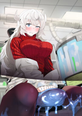 1futa 2022 absurdres big_breasts big_penis black_skirt blue_eyes blue_horns blush breasts brown_pantyhose character_request clenched_teeth clothed clothing commission copyright_request erection futa_only futanari highres horns huge_cock humanoid indoors intersex jacket large_breasts light-skinned_futa light_skin long_hair long_sleeves miniskirt mostly_clothed off_shoulder orgasm pantyhose penis red_sweater ribbed_sweater shippi sitting skirt slime slime_(substance) slime_monster solo sweater teeth transparent turtleneck turtleneck_sweater under_the_table very_long_hair white_hair white_jacket wince