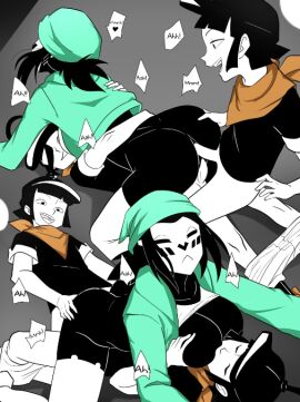 1girls 2boys all_fours anal anal_sex ass ass_grab bandana big_breasts black_headwear black_shirt black_skin breast_grab breast_sucking breasts breasts_out clothed clothed_sex cowdog_double_penetration cowdog_position dashie_(derpixon) dialogue dimdim_(derpixon) double_penetration female female_penetrated green_headwear green_shirt hat male male_penetrating male_penetrating_female mime_and_dash mmf_threesome moaning penis penis_in_ass penis_in_pussy pussy rule_63 sex sucking_nipples tacocatiii threesome tomtom_(derpixon) vaginal_penetration white_skin