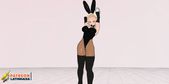 1girls 3d android_18 artist_logo artist_name black_leotard blonde_hair bunny_ears bunnysuit dragon_ball dragon_ball_z female latinkaixa leotard playboy_bunny