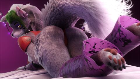 3d anthro ass canid canine canis claws clothing collar detailed detailed_fur digital_media_(artwork) ear_piercing ear_ring fabric female five_nights_at_freddy's five_nights_at_freddy's:_security_breach fluffy fluffy_tail fur fuzzy hair hi_res humanoid legwear looking_at_viewer looking_back lying mammal on_front pawpads piercing presenting presenting_hindquarters ring_piercing roxanne_wolf_(fnaf) roxanne_wolf_(furromantic) scottgames seductive smile solo spiked_collar spikes springycharna steel_wool_studios tail underwear vfoxtail wolf yellow_eyes