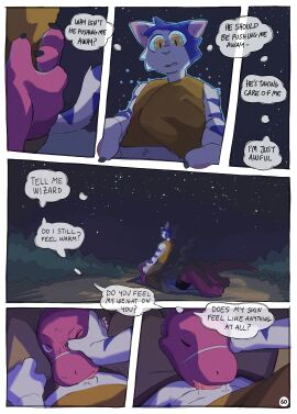 absurd_res anthro biped bodily_fluids claws clip_studio_paint_(artwork) clothed clothing comic digital_media_(artwork) domestic_cat duo english_text felid feline felis fur genitals hand_on_face hi_res lizard lynn_(martindosent) male male/male mammal martindosent oral oral_penetration paws penetration penis plant reptile scalie sex shrub star striped_body stripes tail text the_wizard_(martindosent) tongue