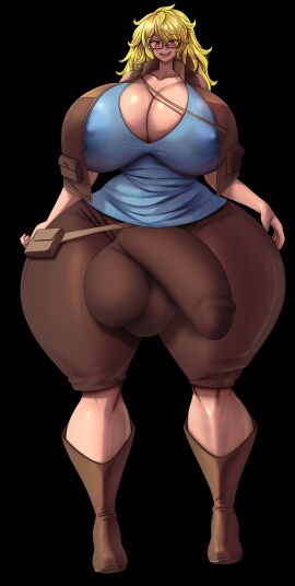 1futa amber_hyne balls blonde_hair breasts brown_eyes bulge bulge_through_clothing clothed clothing cloudybits erection fully_clothed futa_only futanari glasses huge_cock huge_hips human intersex large_breasts light-skinned_futa light_skin penis solo standing thick_thighs wide_hips